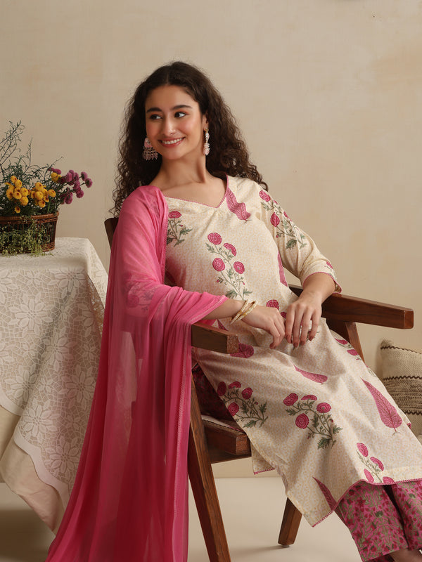 Khushal K Women Floral Printed Regular Pure Off White Cotton Kurta & Palazzo With Dupatta