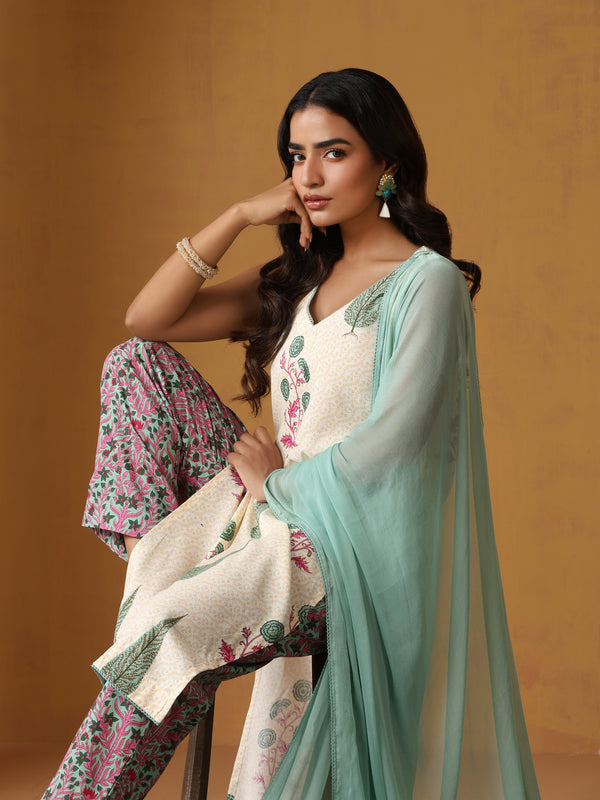 Khushal K Women Floral Printed Sleeveless Pure Cotton Kurta Set