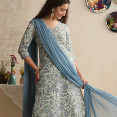 Khushal K Women Floral Printed Regular Pure Cotton Off-White Kurta & Palazzo With Dupatta