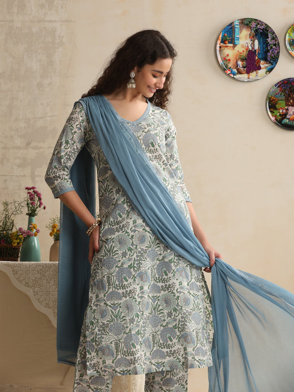 Khushal K Women Floral Printed Regular Pure Cotton Off-White Kurta & Palazzo With Dupatta