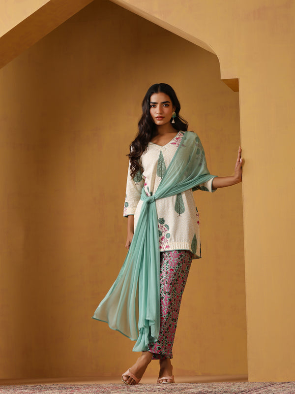 Khushal K Floral Printed V-Neck Pure Cotton Straight Kurta set