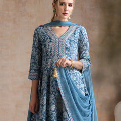 Ethnic Motifs Printed V-Neck Anarkali Pure Cotton Kurta With Trousers & Dupatta