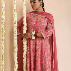 Women Floral Printed Cotton Anarkali Kurta with Trousers & Dupatta