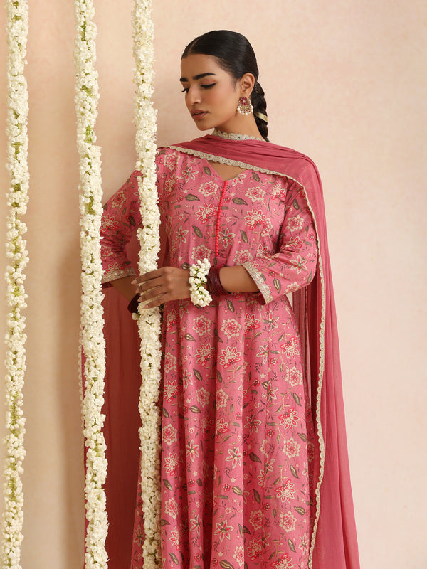 Women Floral Printed Cotton Anarkali Kurta with Trousers & Dupatta