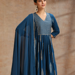Ethnic Motifs Printed Thread Work Kurta With Trousers & Dupatta