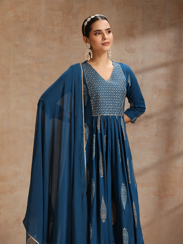 Ethnic Motifs Printed Thread Work Kurta With Trousers & Dupatta