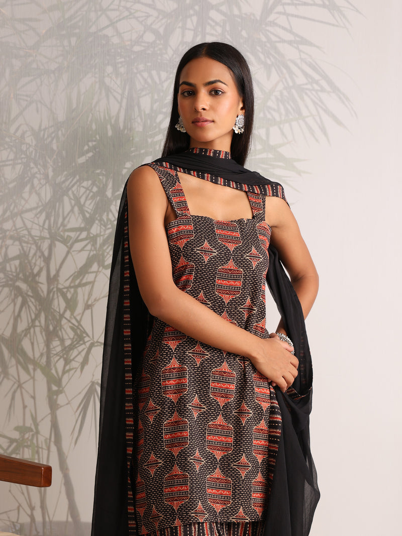 Khushal K Women Cotton kurti and Farshi Salwar with dupatta set - Black