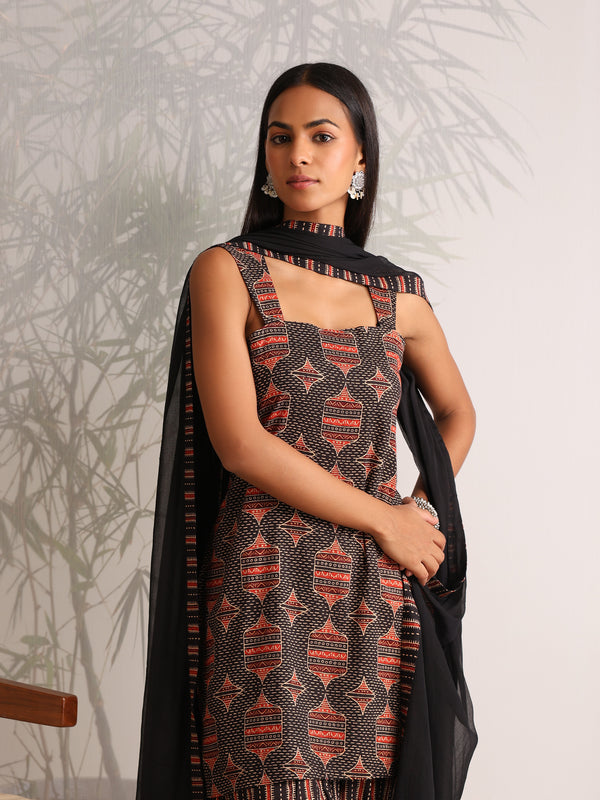 Khushal K Women Cotton kurti and Farshi Salwar with dupatta set - Black