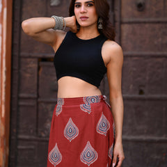 Khushal K Women's Rust Printed Cotton Flared Maxi Skirt