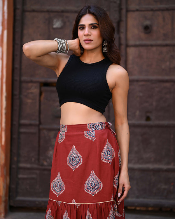 Khushal K Women's Rust Printed Cotton Flared Maxi Skirt