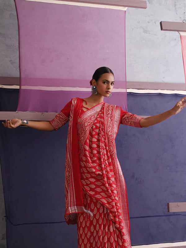 Women Hand Block Cotton Linen Printed saree