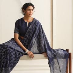 Women Hand Block Blue Pure Cotton Printed Saree