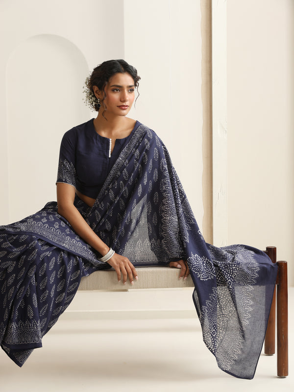 Women Hand Block Blue Pure Cotton Printed Saree