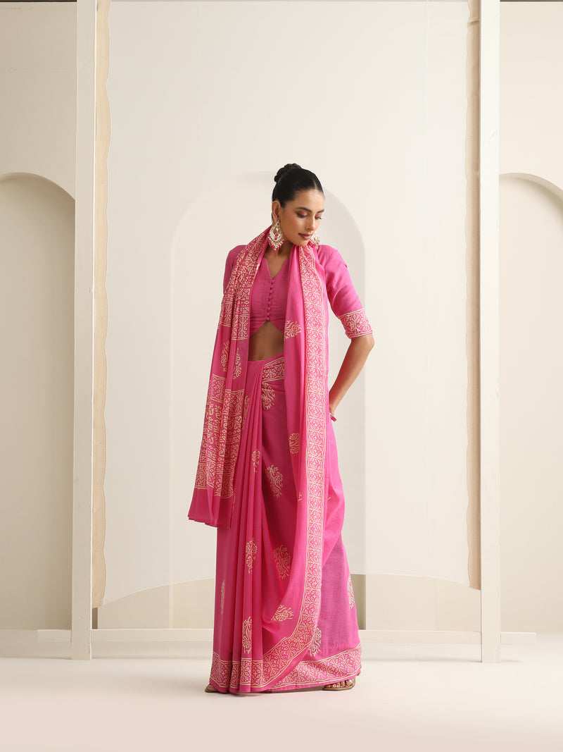 Women Hand Block Pink Pure Cotton Printed Saree