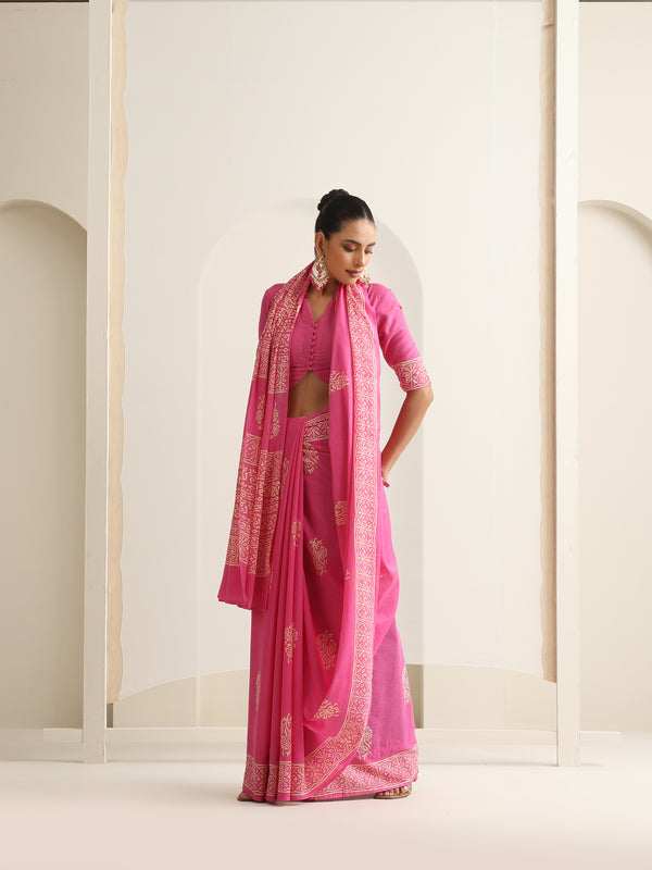 Women Hand Block Pink Pure Cotton Printed Saree