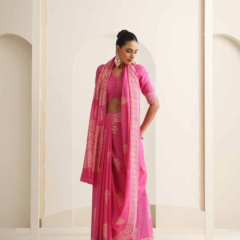 Women Hand Block Pink Pure Cotton Printed Saree - Khushal K - Image 4