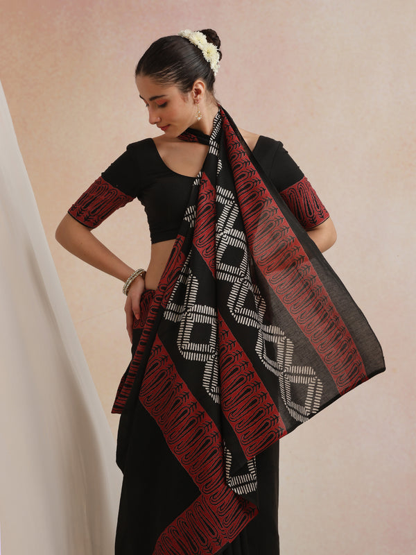 Women Hand Block Black Pure Cotton Printed Saree