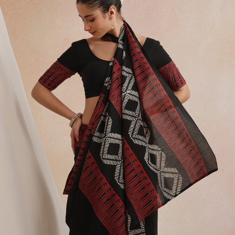 Women Hand Block Black Pure Cotton Printed Saree - Khushal K - Image 4