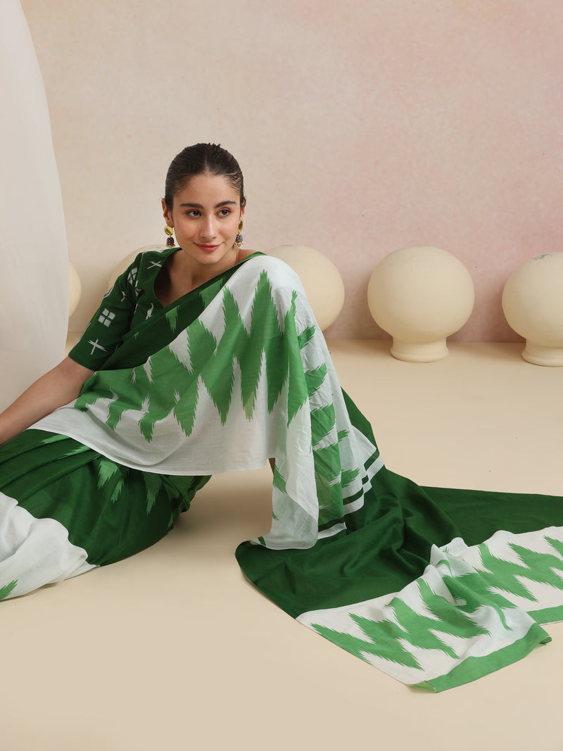 Women Hand Block Green Pure Cotton Printed Saree