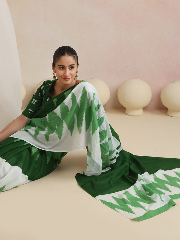 Women Hand Block Green Pure Cotton Printed Saree