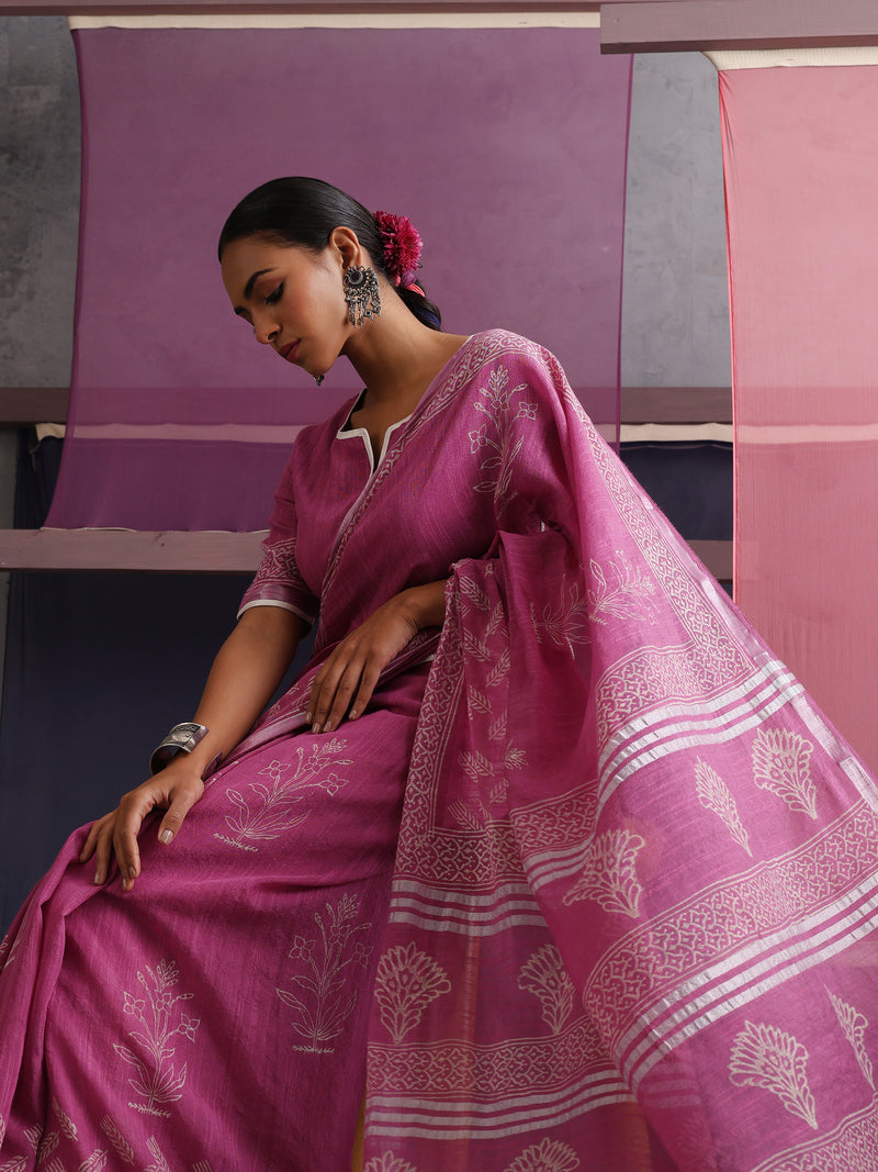 Women Hand Block Pink Cotton Linen Printed Saree