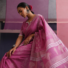 Women Hand Block Pink Cotton Linen Printed Saree