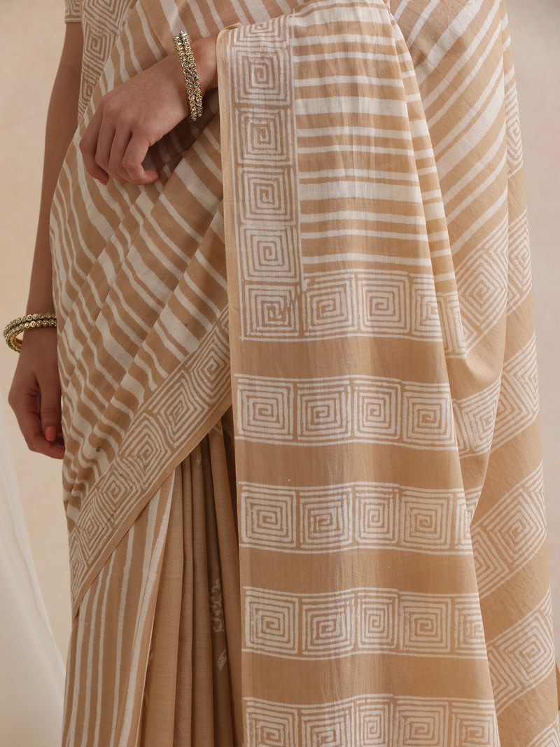 Women Hand Block Brown Pure Cotton Printed Saree