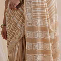 Women Hand Block Brown Pure Cotton Printed Saree