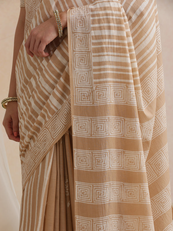 Women Hand Block Brown Pure Cotton Printed Saree