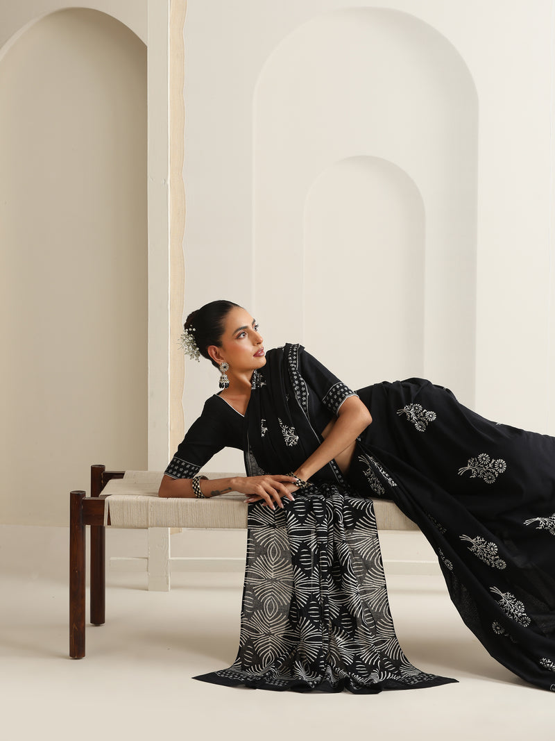 Women Hand Block Black Pure Cotton Printed Saree