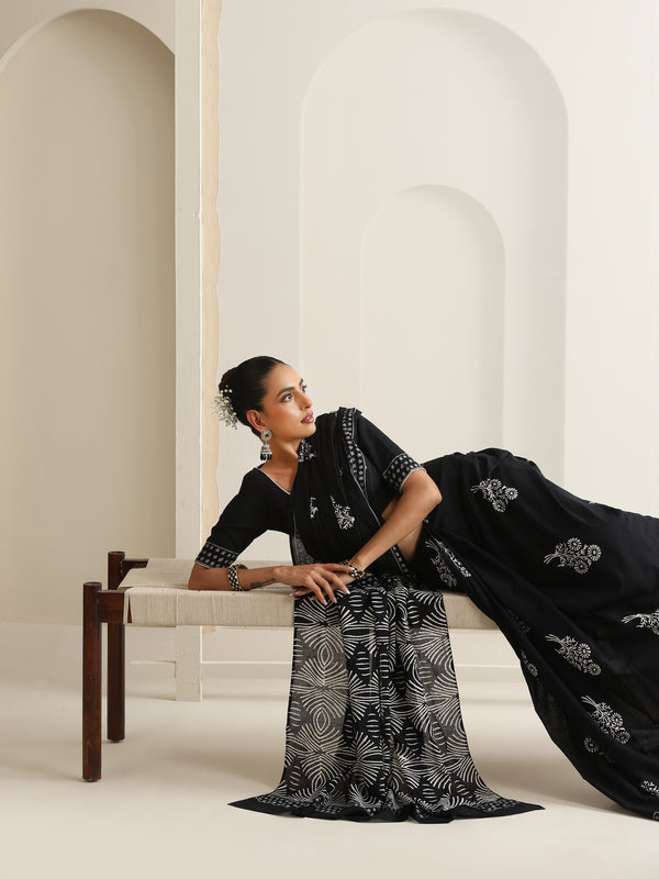 Women Hand Block Black Pure Cotton Printed Saree