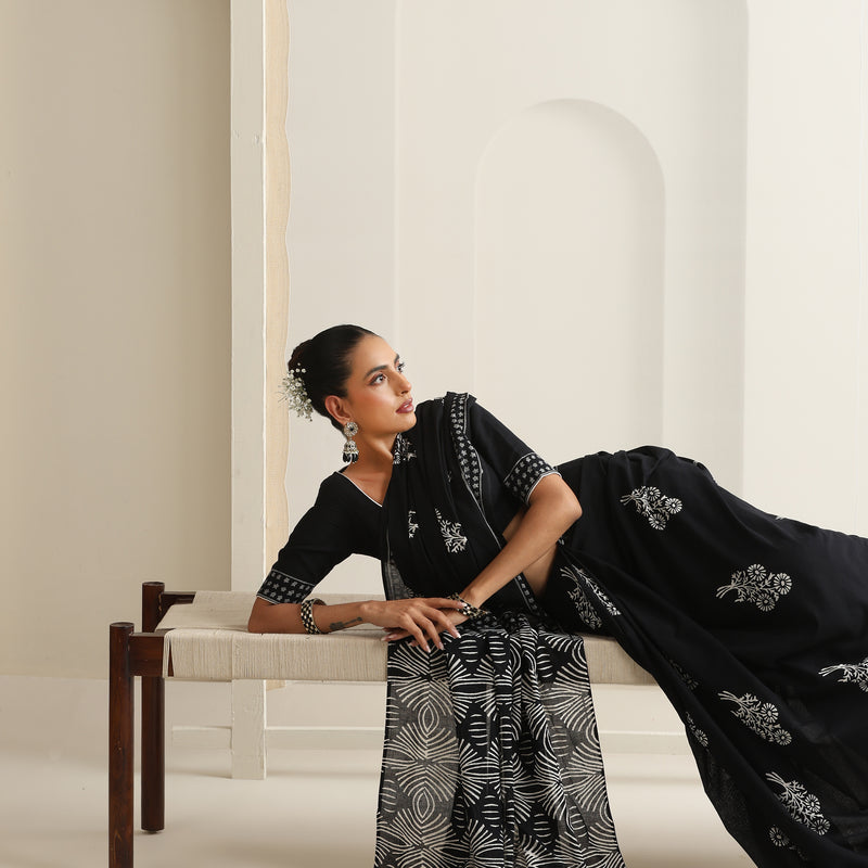 Women Hand Block Black Pure Cotton Printed Saree - Khushal K - Image 3