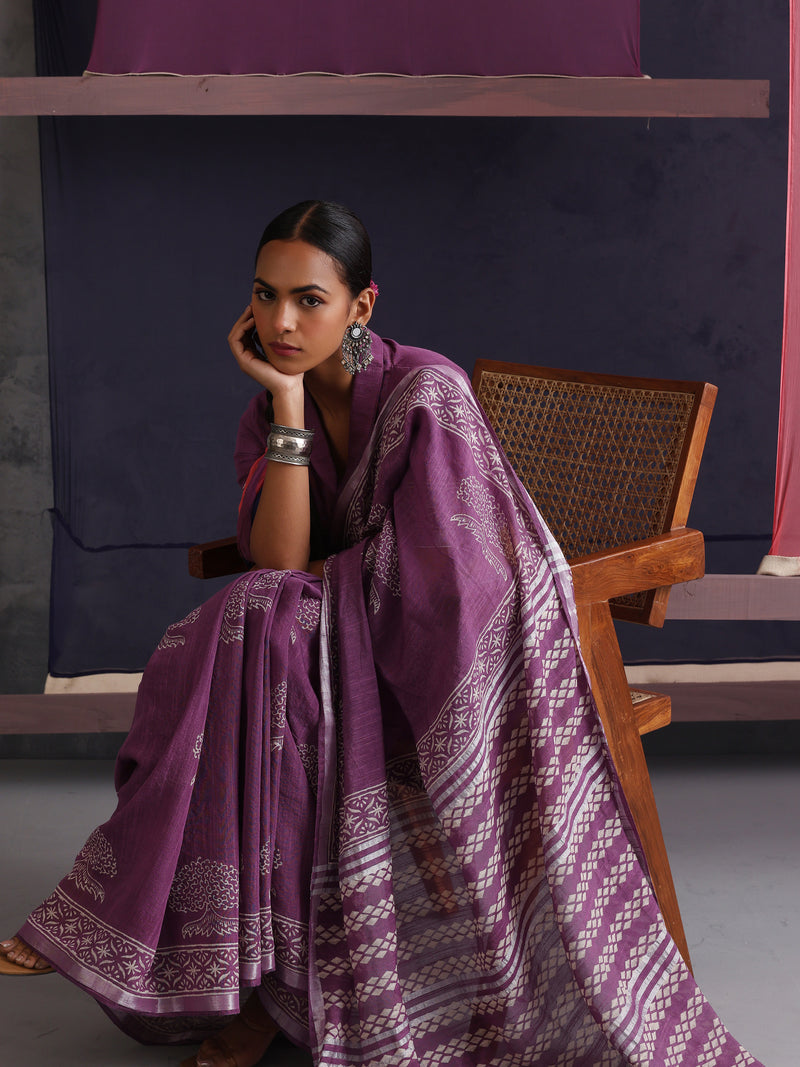 Women Hand Block Purple Cotton Linen Printed Saree