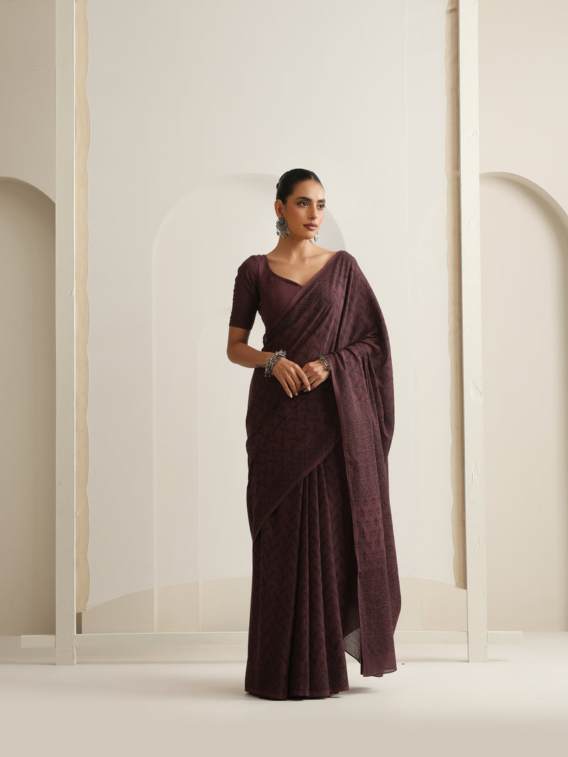 Women Hand Block Brown Pure Cotton Printed Saree