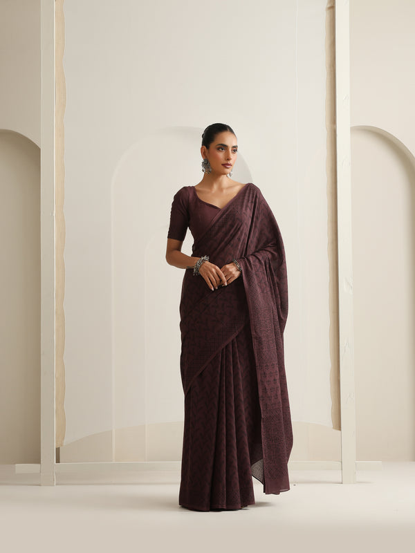 Women Hand Block Brown Pure Cotton Printed Saree