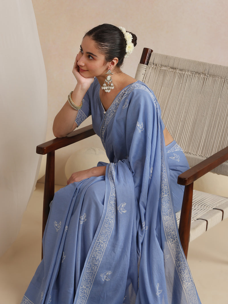 Women Hand Block Blue Pure Cotton Printed Saree