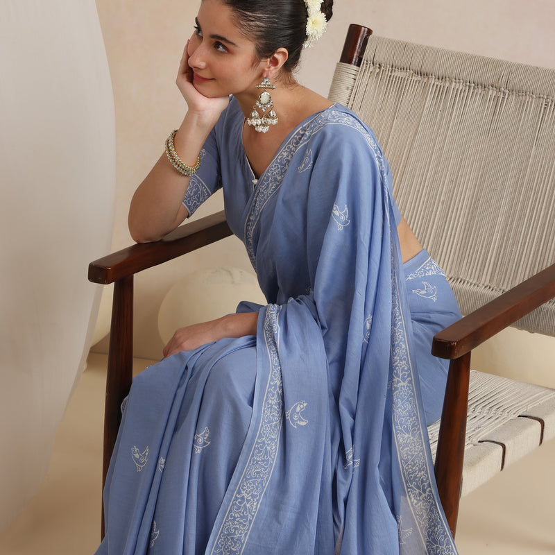 Women Hand Block Blue Pure Cotton Printed Saree - Khushal K - Image 4