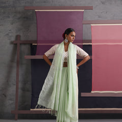 Women Cotton Green Linen Printed Saree