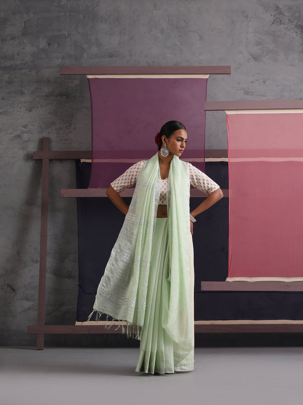 Women Cotton Green Linen Printed Saree