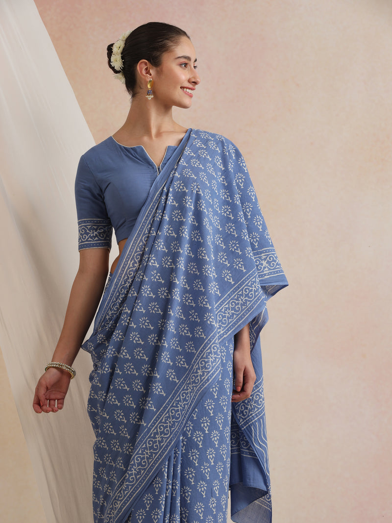 Women Hand Block Blue Pure Cotton Printed Saree