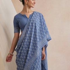 Women Hand Block Blue Pure Cotton Printed Saree