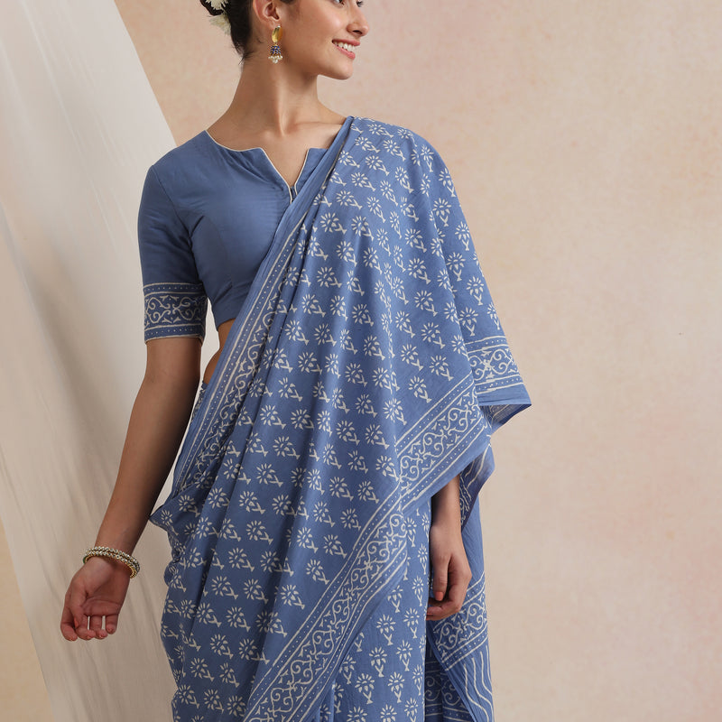 Women Hand Block Blue Pure Cotton Printed Saree - Khushal K - Image 4