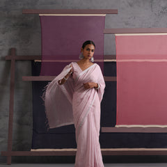 Women Cotton Pink Linen Printed Saree
