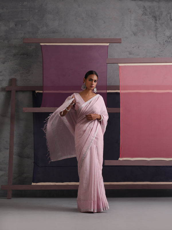 Women Cotton Pink Linen Printed Saree