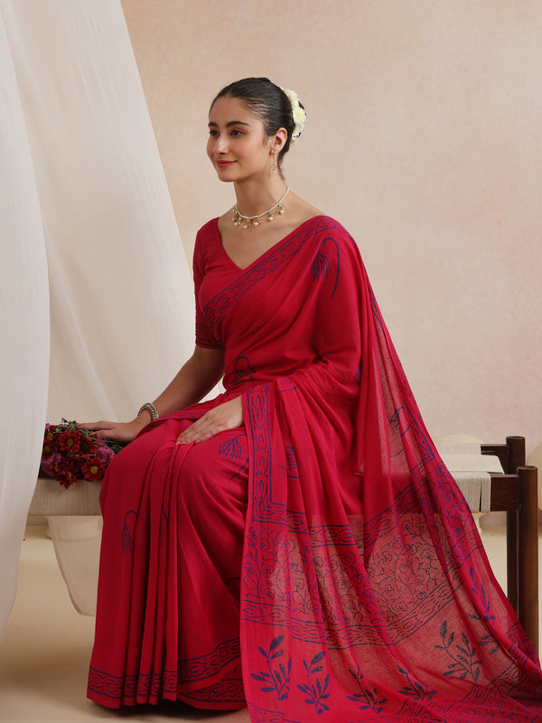 Women Hand Block Pink Pure Cotton Printed Saree