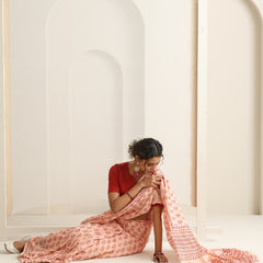 Women Hand Block Peach Pure Cotton Printed Saree