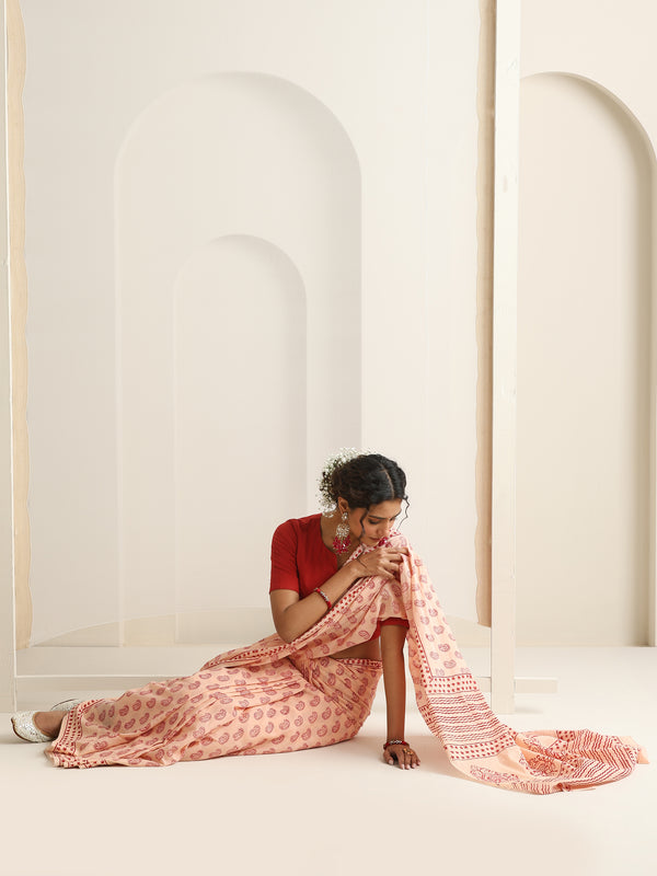 Women Hand Block Peach Pure Cotton Printed Saree
