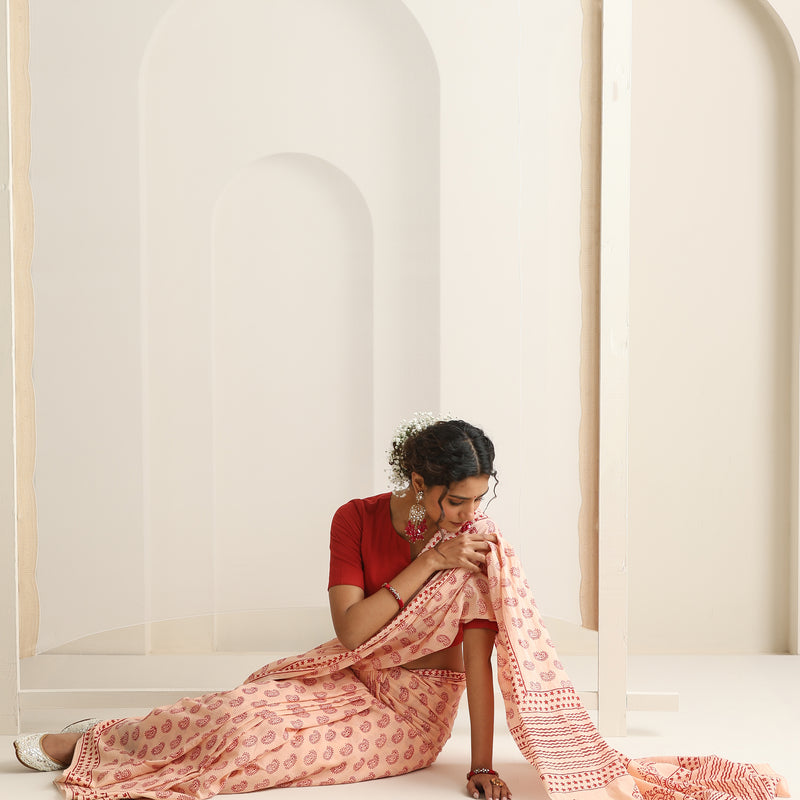 Women Hand Block Peach Pure Cotton Printed Saree - Khushal K - Image 4