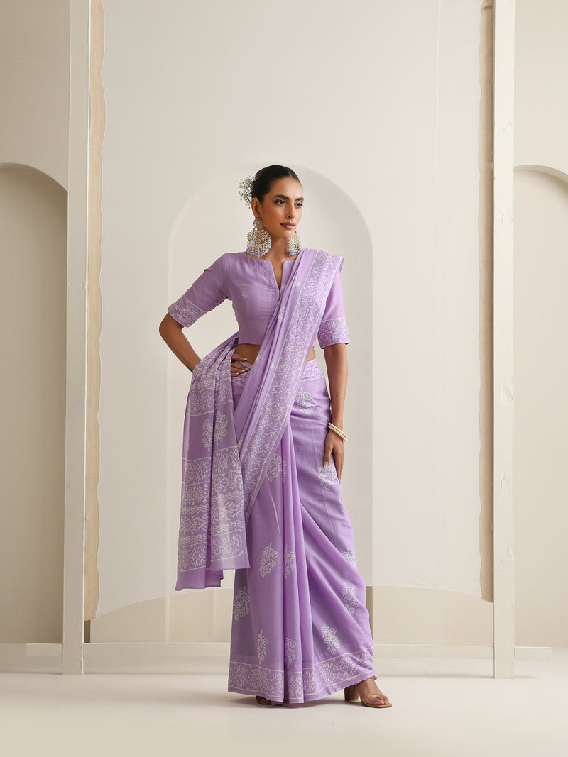 Women Hand Block Purple Pure Cotton Printed Saree