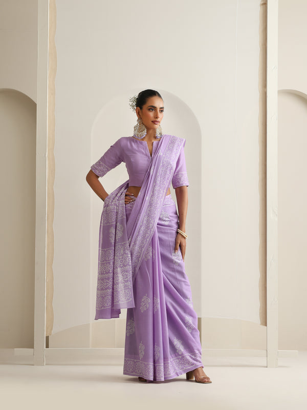 Women Hand Block Purple Pure Cotton Printed Saree